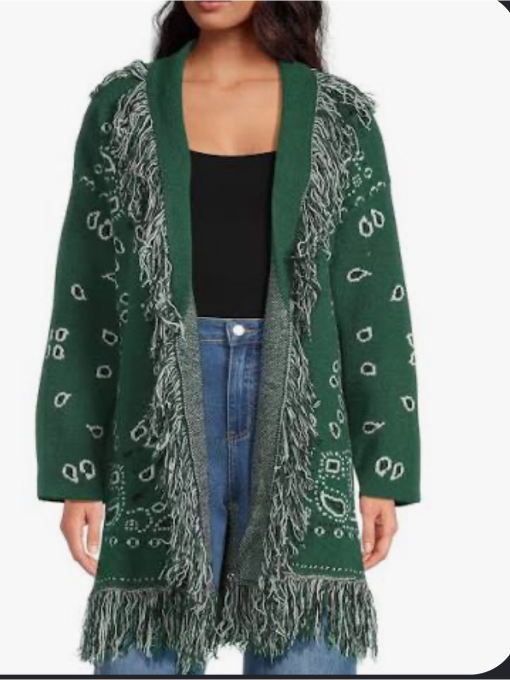 Sugarlips Bandana Fringe Shawl Collar Belted Open Front Cardigan - Emerald Green